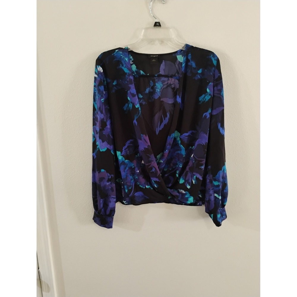 Ann Taylor Floral Surplice V-Neck Blouse Black Blue Purple Long Sleeve Small